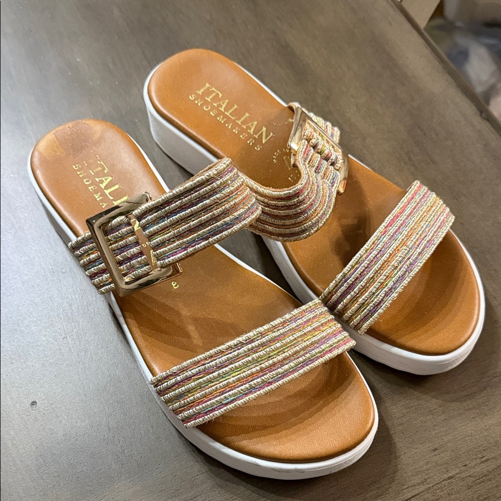 Italian Shoemakers Multistripe Buckle Slide Sandals — Tan Footbed, White Sole - Picture 2 of 6